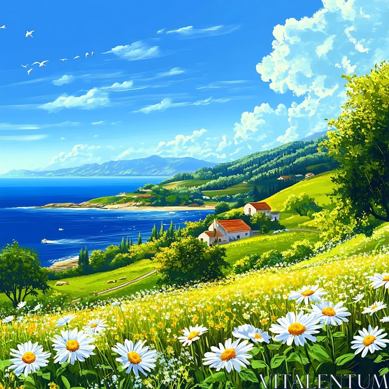 AI ART Seaside Daisy Meadow Landscape