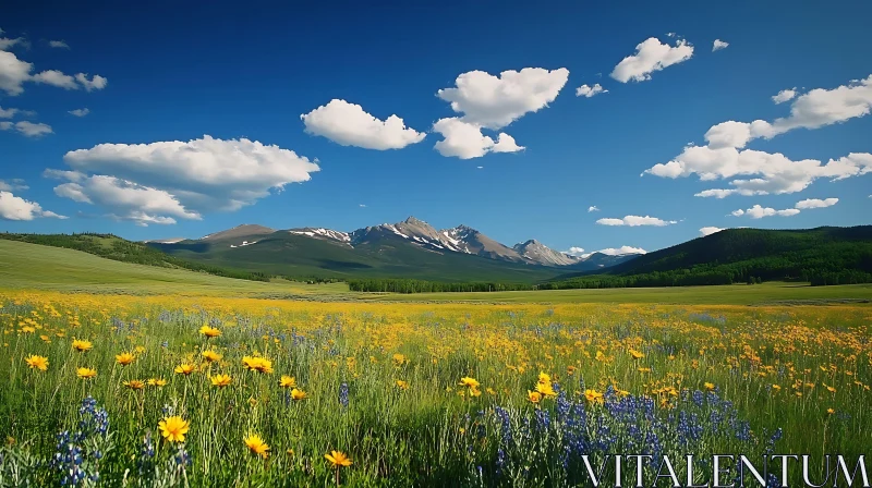 Flower Field and Mountain Landscape AI Image