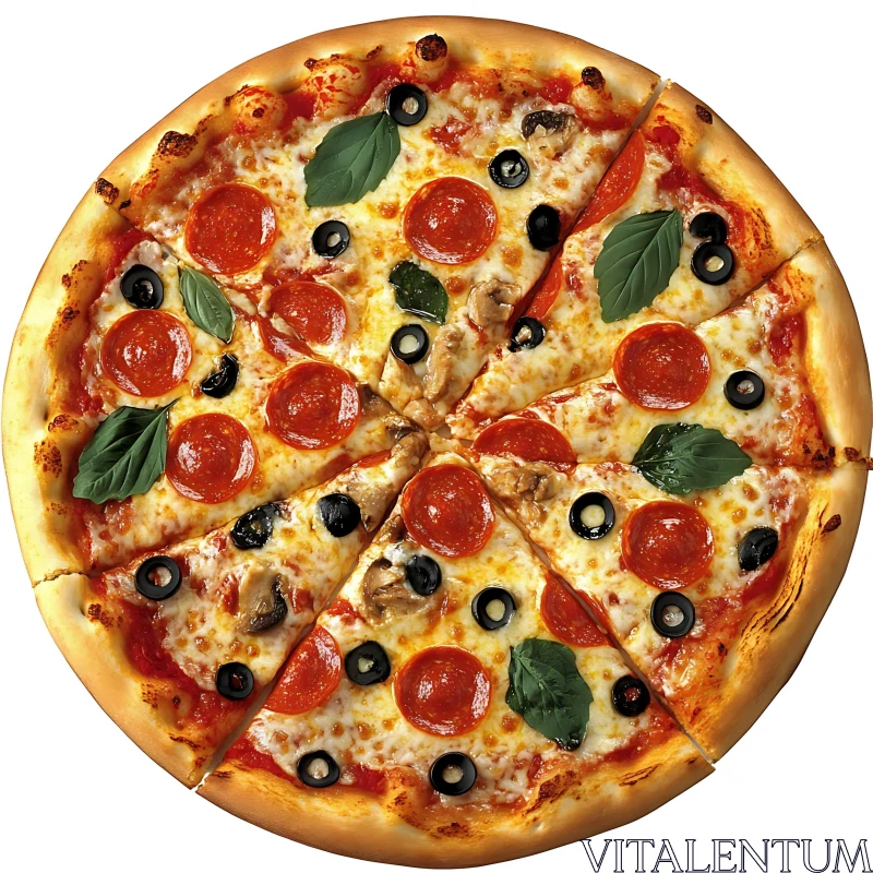 Tasty Pepperoni Pizza with Fresh Basil AI Image