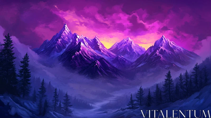 Purple Sky Over Snow-Capped Peaks AI Image