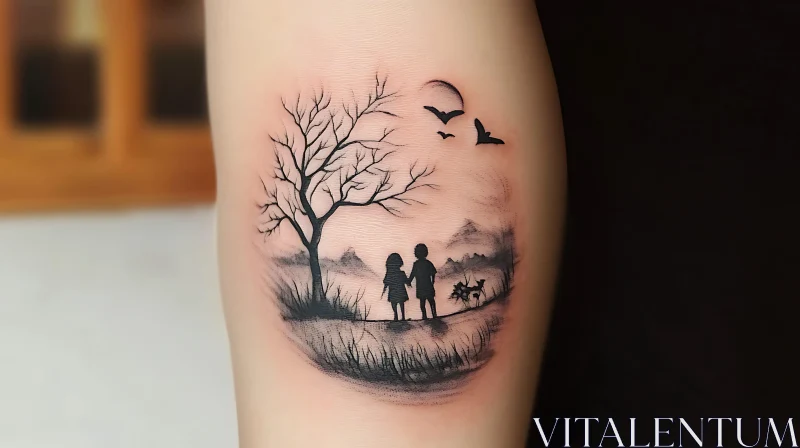 AI ART Nature-Themed Tattoo with Kids and Tree Silhouettes