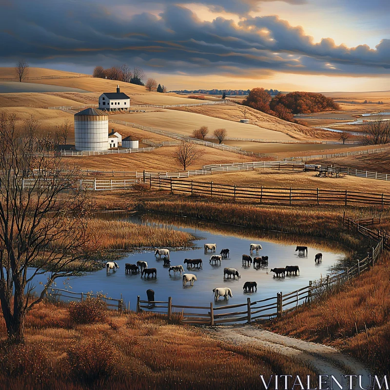 Rural Farm with Cows Cooling Off AI Image