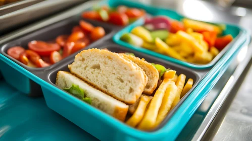 Colorful Lunch Tray with Bread, Fries, and Vegetables