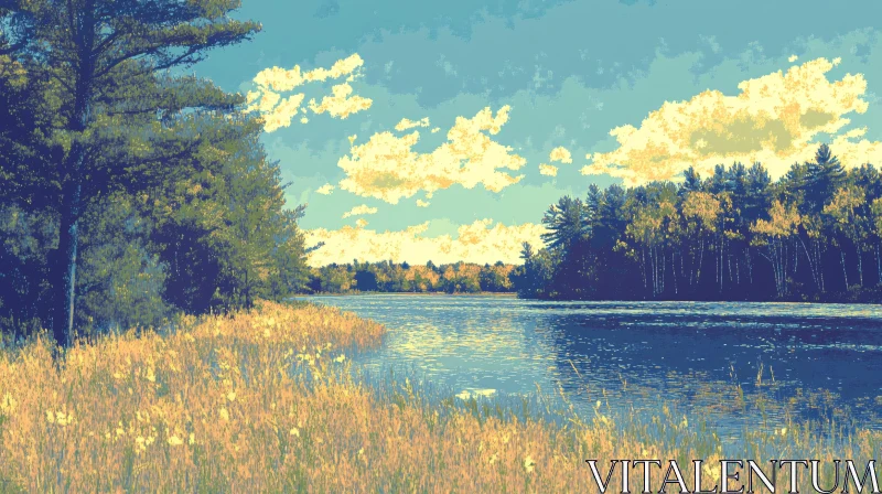 AI ART Serene Lake Surrounded by Dense Forest and Golden Grass