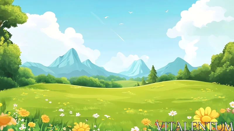 AI ART Cartoon Mountain Landscape with Flowers