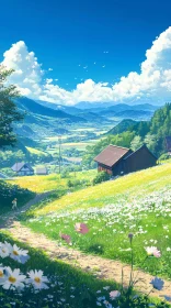 Anime Style Landscape with Flowers and Mountains