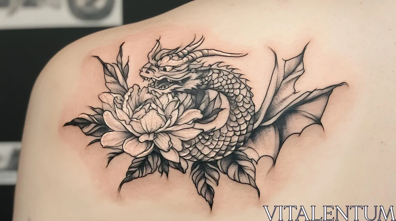 Black and Grey Dragon with Floral Tattoo AI Image