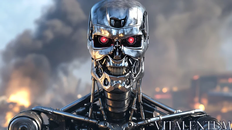 Apocalyptic Robot with Glowing Eyes AI Image