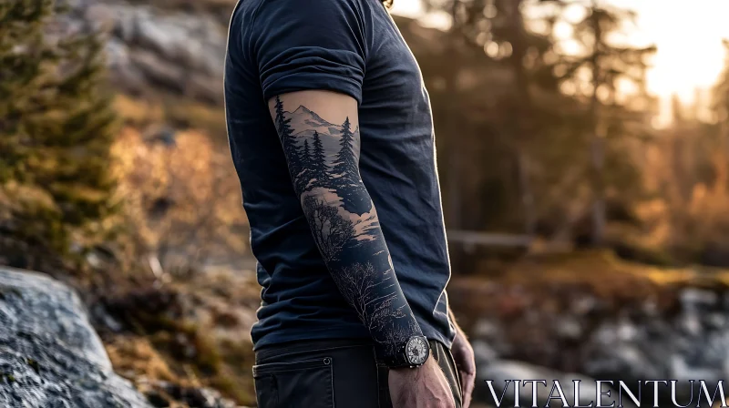 Nature-themed Arm Tattoo at Sunset AI Image