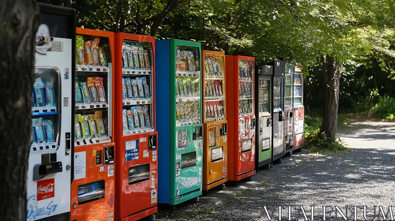 AI ART Row of Vending Machines Under Trees