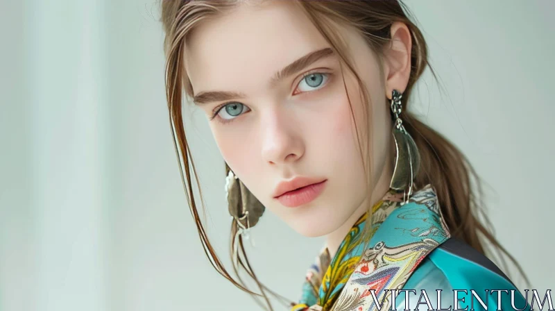 Close-up Portrait of a Woman with Blue Eyes and Patterned Shirt AI Image