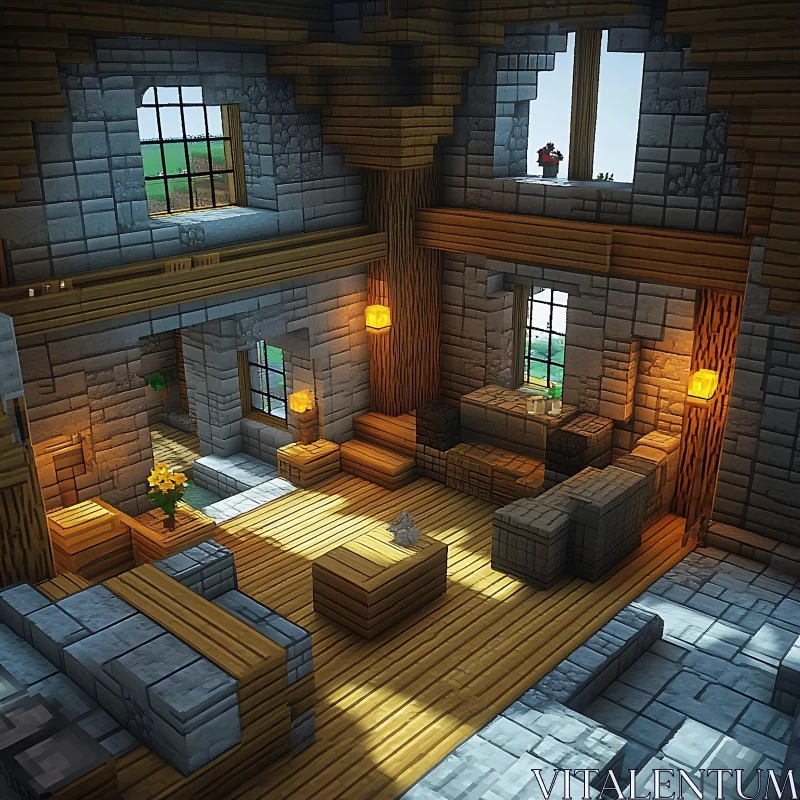 AI ART Minecraft Stone and Wood Cozy Room