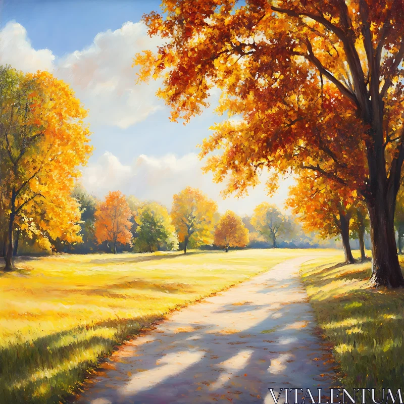 Scenic Autumn Pathway with Sunlight AI Image