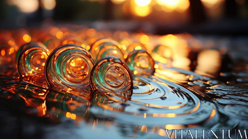 Eco-Friendly Fluid Glass Sculpture of Water Drops at Sunset AI Image