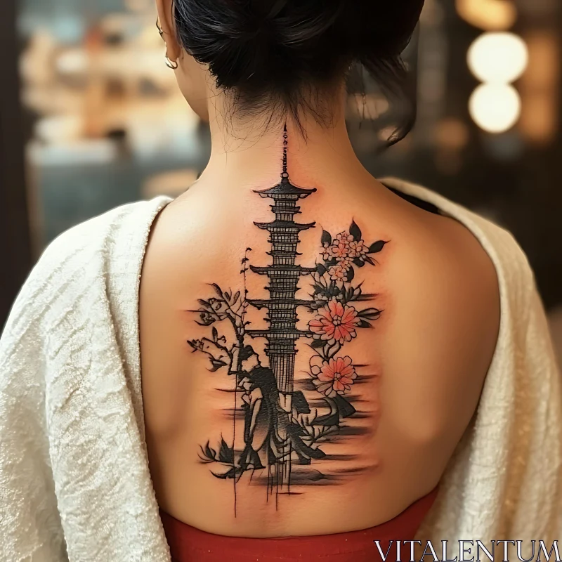 AI ART Intricate Pagoda and Blossom Tattoo