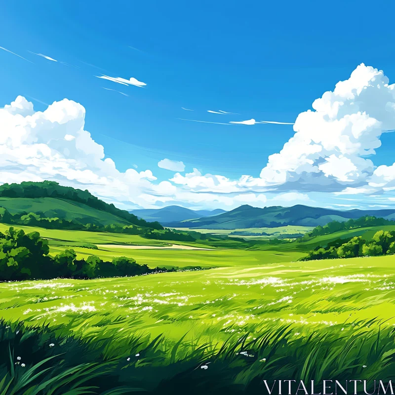 AI ART Lush Green Field and Distant Mountains