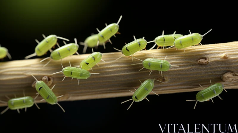 Green Insects on Wooden Branch in Summer AI Image