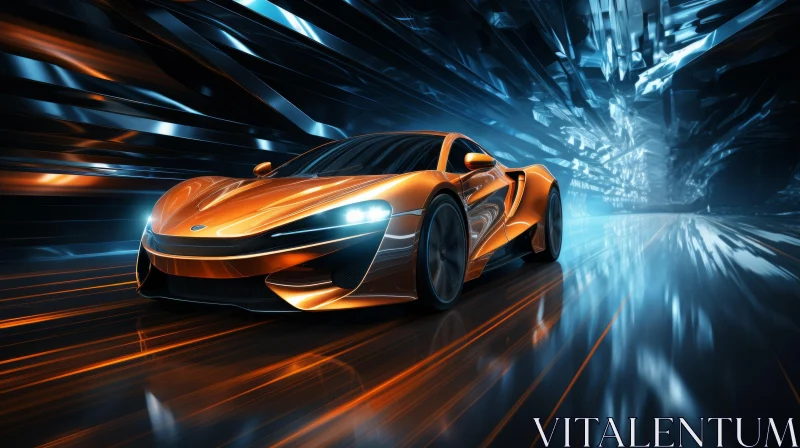Orange Sports Car and Train in Motion - Glimmering Light Effects Art AI Image