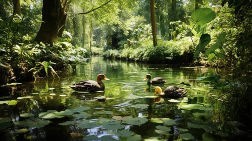 Tranquil Scene of Ducks Swimming in a Lush Tropical Forest Pond