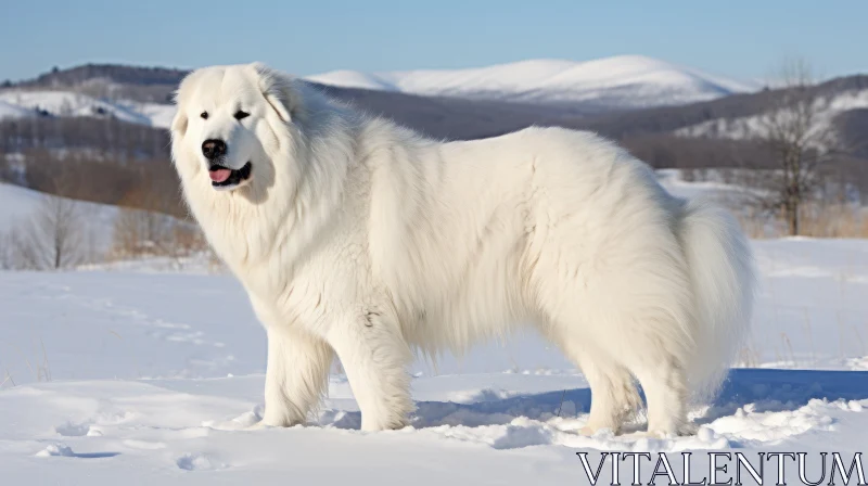 White Dog in Snow under Light Indigo Sky AI Image
