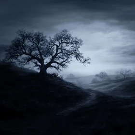 Moonlit Tree in Misty Landscape