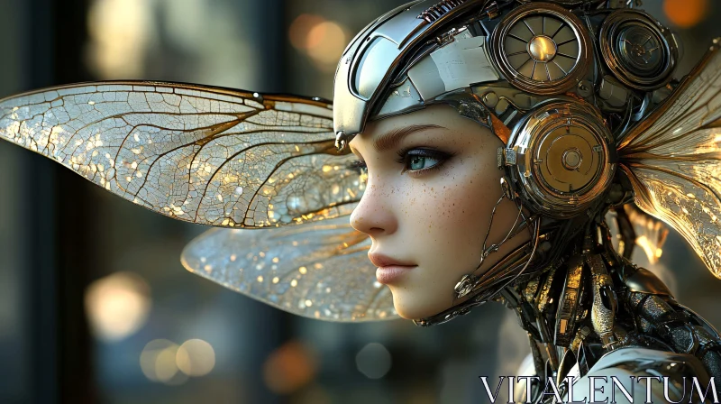 Intricate Cyborg with Futuristic Design and Wings AI Image