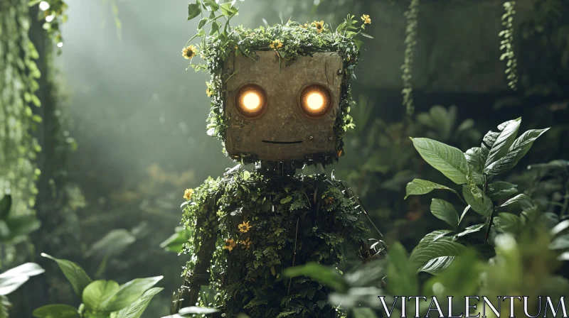 AI ART Robot Covered in Foliage in Forest