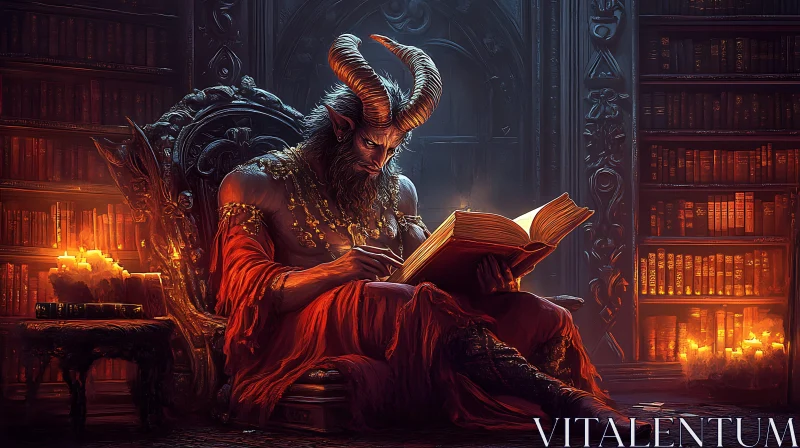 Horned Demon Studying Ancient Text AI Image