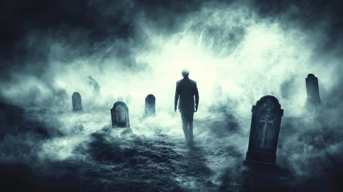 Man in Misty Graveyard