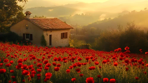 Tuscan House in Red Poppy Field