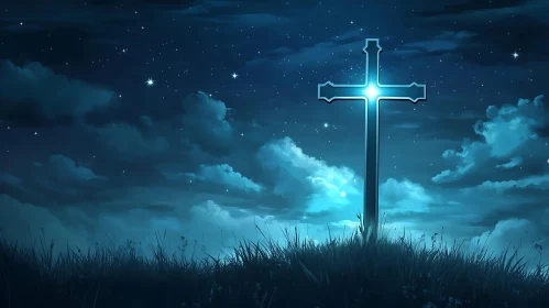 Glowing Cross in the Night Landscape