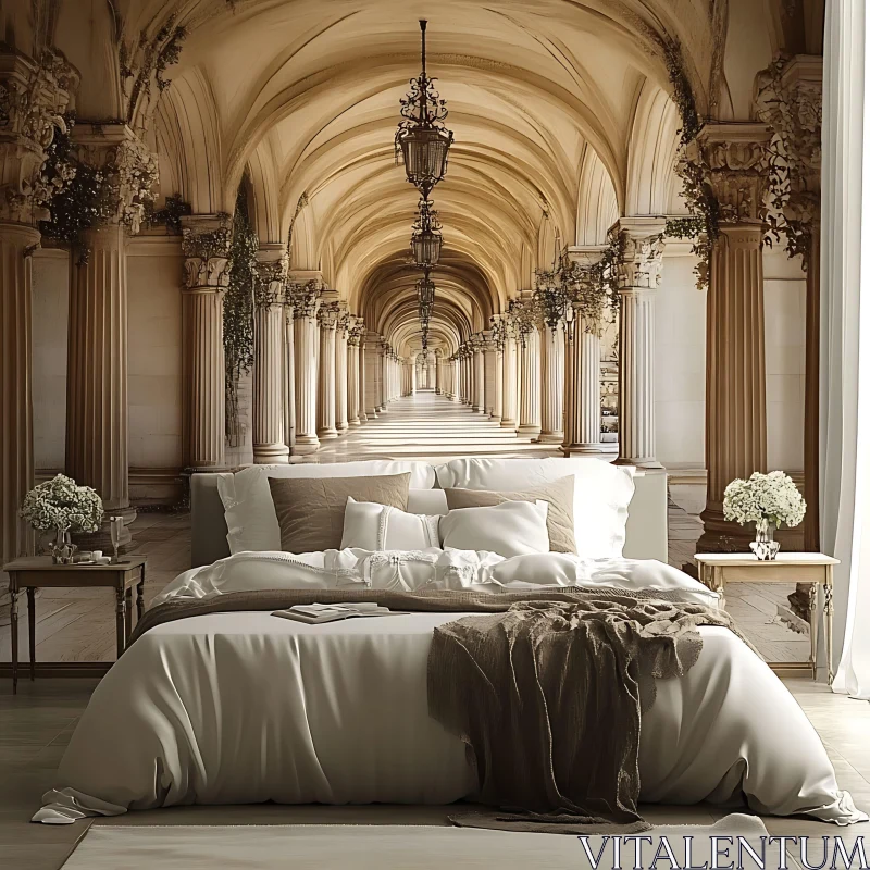 Bedroom Interior with a Grand Hallway View AI Image