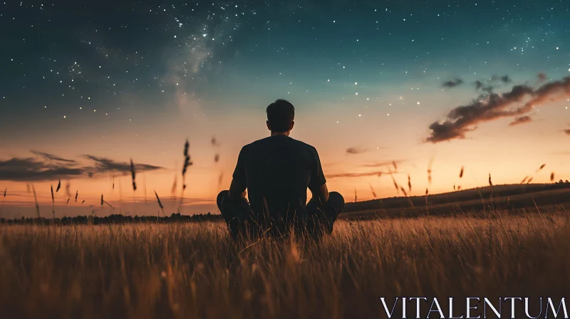 Man Meditating in Field at Night AI Image