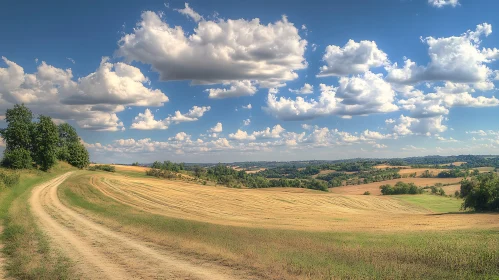 Golden Field Under Cloudy Blue Sky