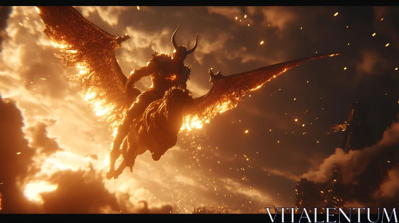 Winged Demon in Inferno Sky AI Image