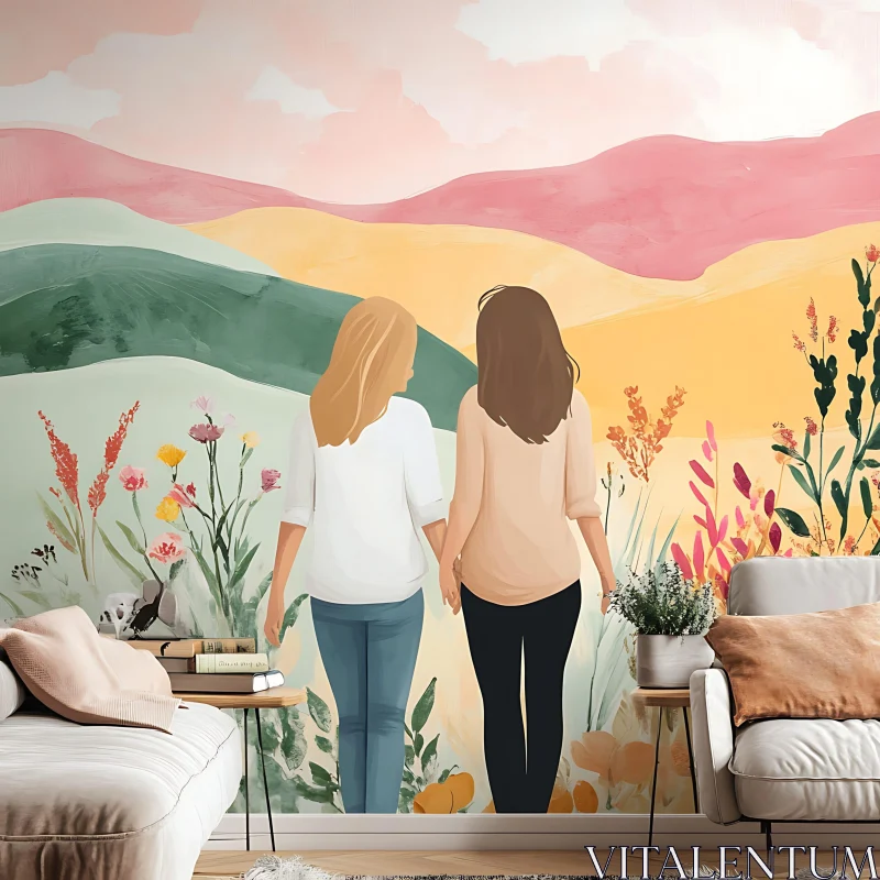 Women Holding Hands in Floral Landscape AI Image