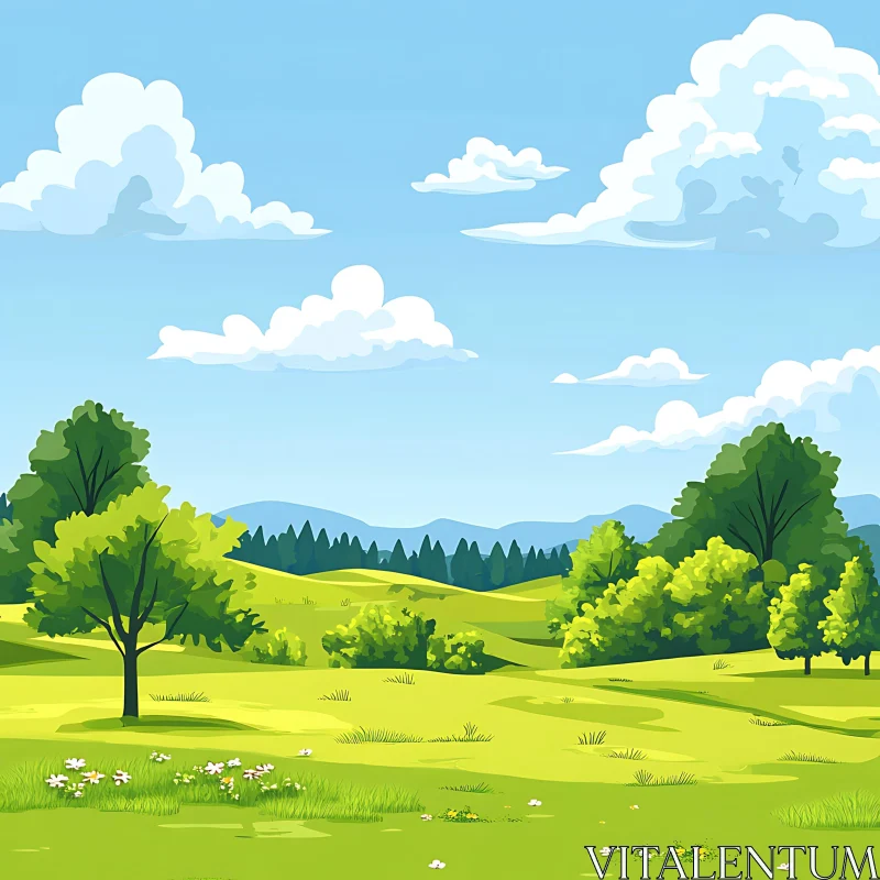 AI ART Lush Green Field and Cloudy Blue Sky