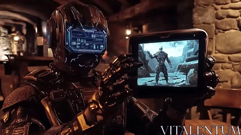 Futuristic Cyborg with Tablet in Dimly Lit Environment AI Image