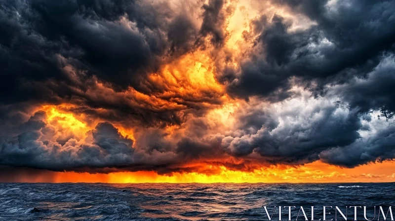 AI ART Fiery Sunset Over Turbulent Ocean