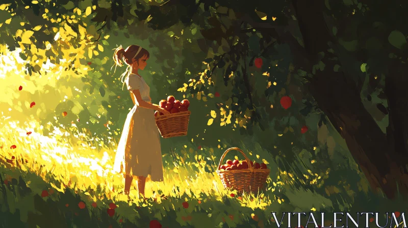 AI ART Girl Gathering Apples Art Print