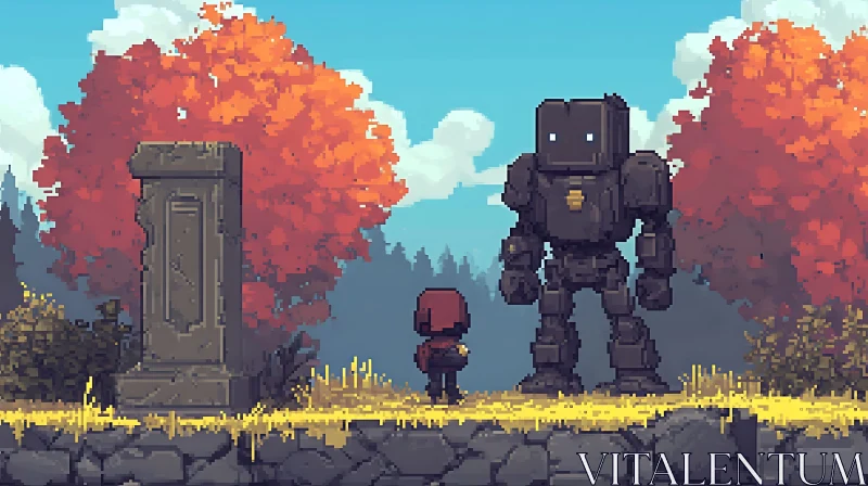 AI ART Robot and Figure Pixel Art Scene