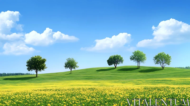 AI ART Green Hill with Yellow Flowers