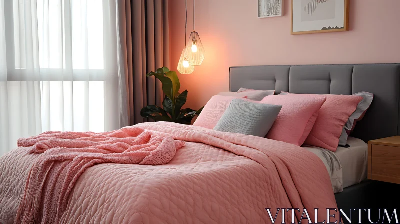 Calm Bedroom with Pink Bedding AI Image