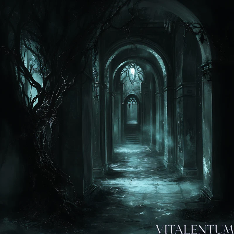 AI ART Mysterious Gothic Hallway with Bare Tree