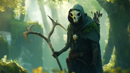 Hooded Figure in Forest with Bird Skull