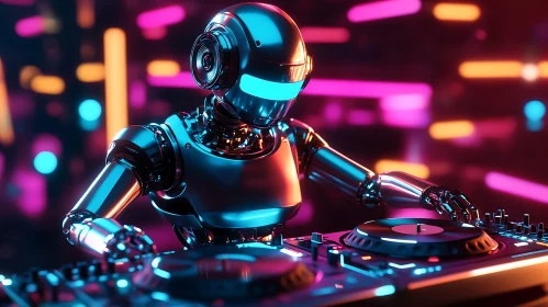 Futuristic Robot DJ with Neon Ambiance