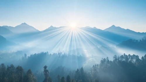 Sunrise over Misty Mountains and Forest