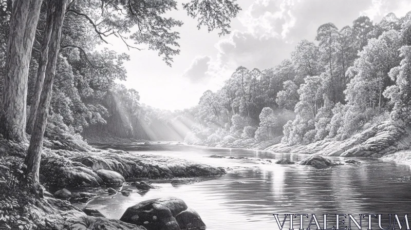 AI ART Tranquil Black and White River Landscape