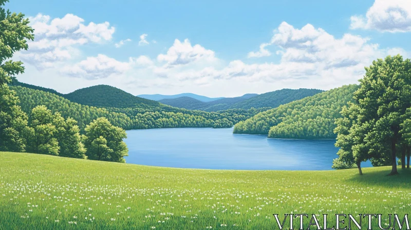 AI ART Tranquil Lake Scene with Greenery and Blue Sky