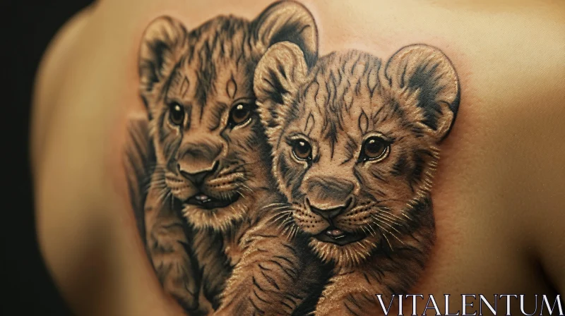 Detailed and Lifelike Lion Cubs Tattoo on Back AI Image